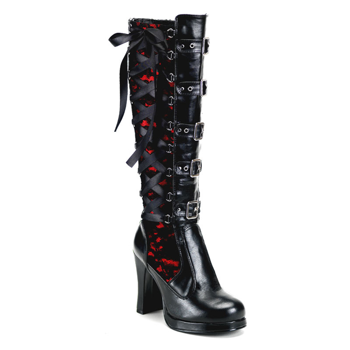 DEMONIA CRYPTO-106 Corseted, 5 Buckle Knee Boot W/Mini Platform Blk-Red Pu