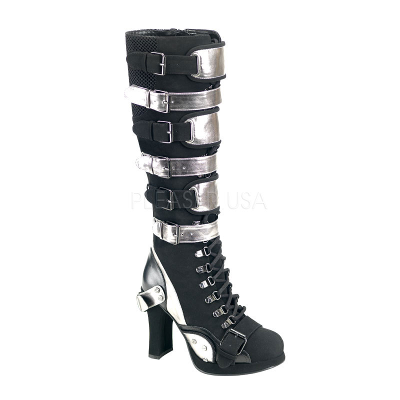 DEMONIA CRYPTO-315 8 Buckled Cyber Knee Boot W/Zipper Trim Detailing Blk Nubuck-Pewter Pu