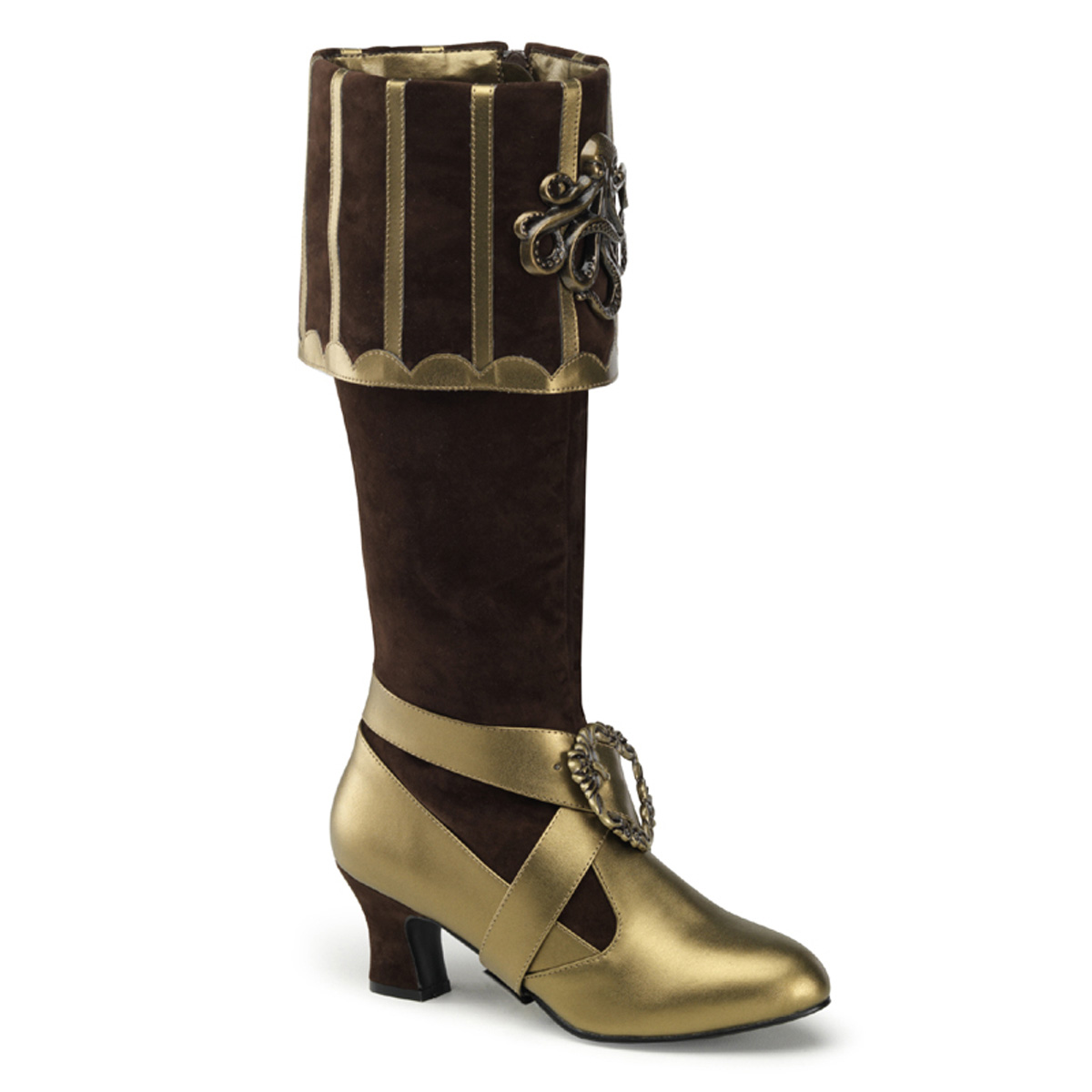 FUNTASMA CTHULHU-299 3 3/4" Heel, Cuffed Knee Boot W/ Octopus Buckles Brown Velvet-Bronze Pu