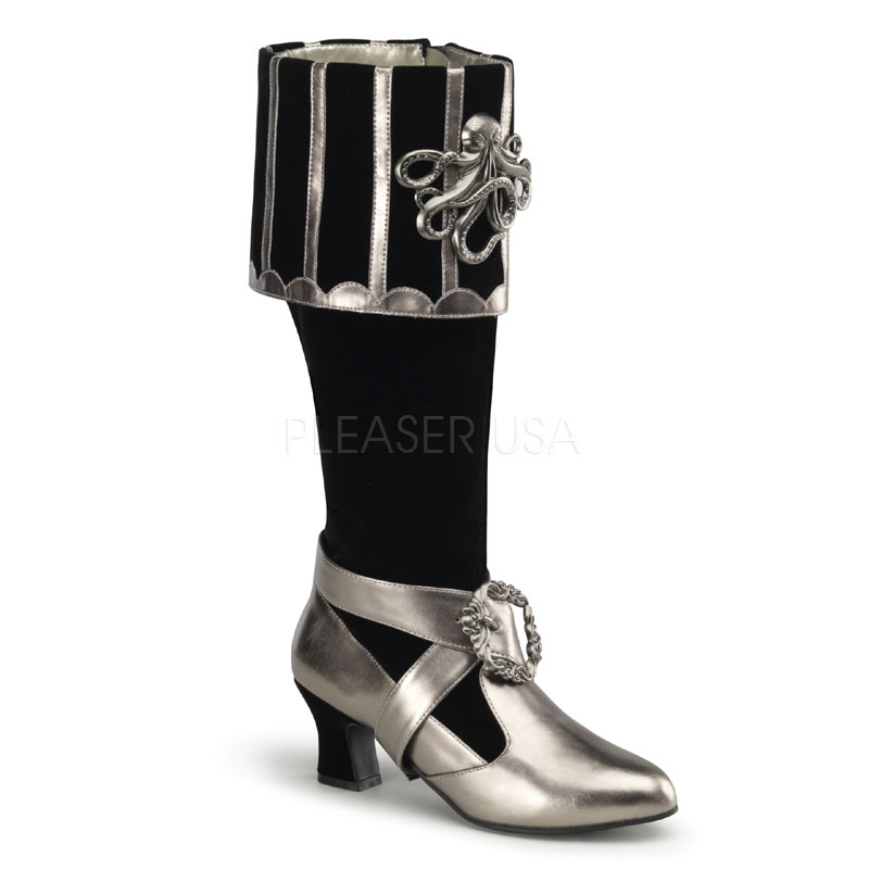 FUNTASMA CTHULHU-299 3 3/4" Heel, Cuffed Knee Boot W/ Octopus Buckles Blk Velvet-Pewter Pu