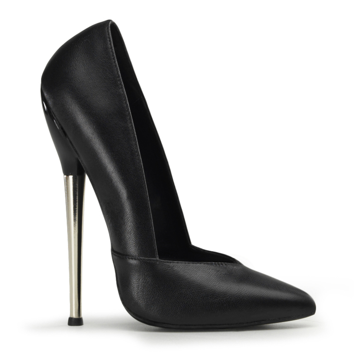 DEVIOUS DAGGER-03 6 1/4" Solid Brass Heel V-Cut Plain Pump Blk Leather