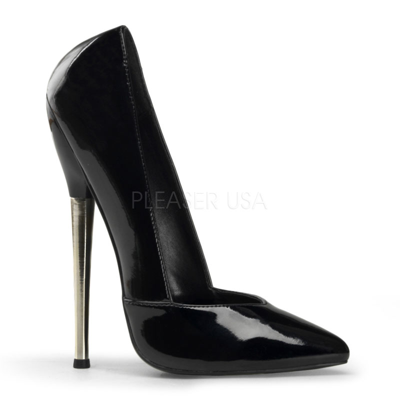 DEVIOUS DAGGER-03 6 1/4" Solid Brass Heel V-Cut Plain Pump Blk Pat