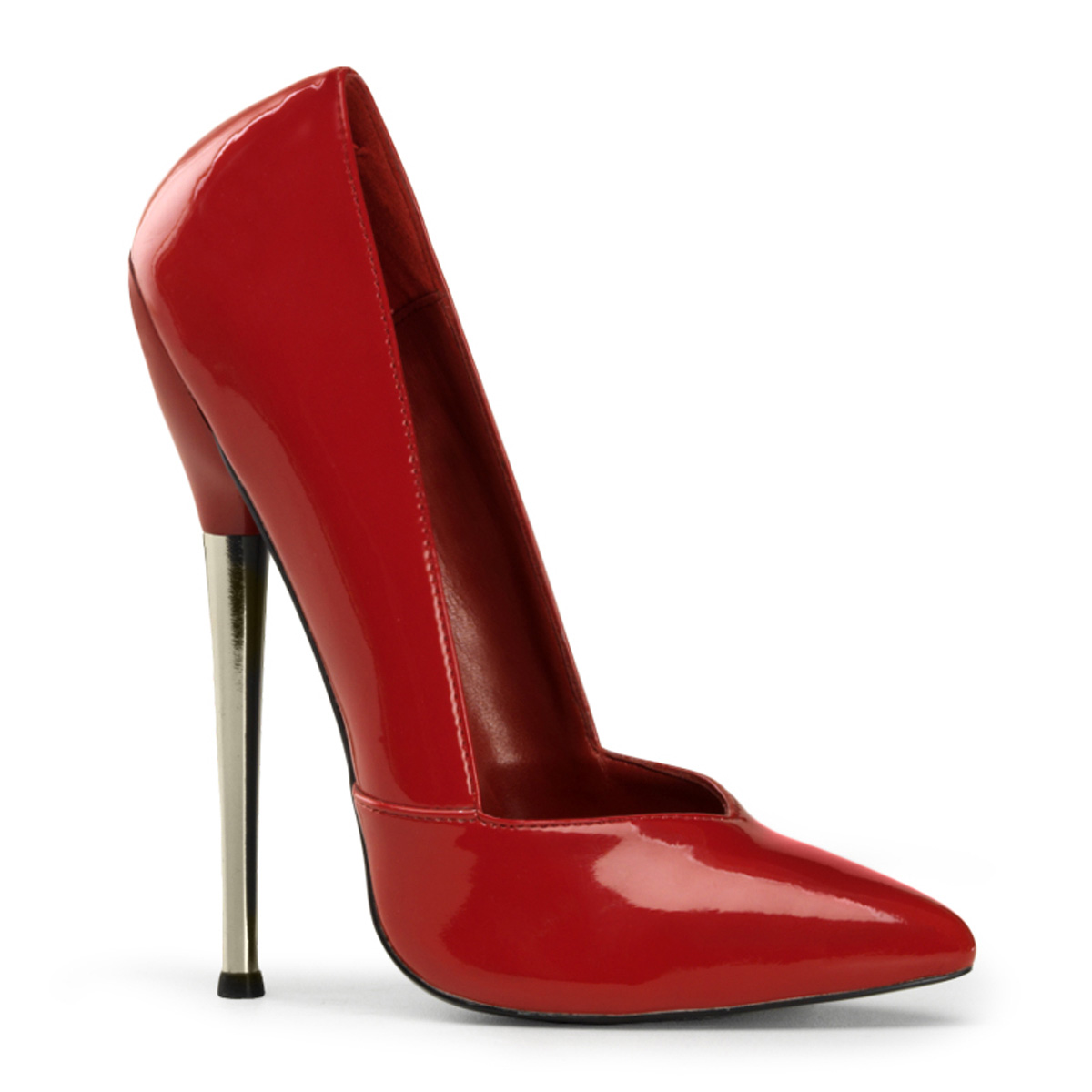 DEVIOUS DAGGER-03 6 1/4" Solid Brass Heel V-Cut Plain Pump Red Pat