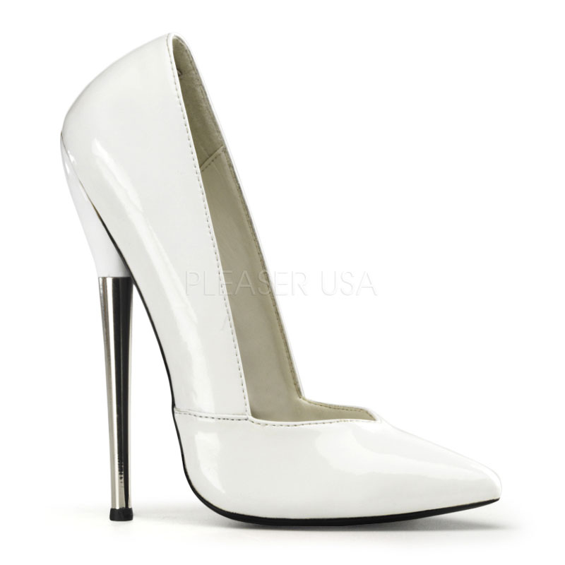 DEVIOUS DAGGER-03 6 1/4" Solid Brass Heel V-Cut Plain Pump Wht Pat