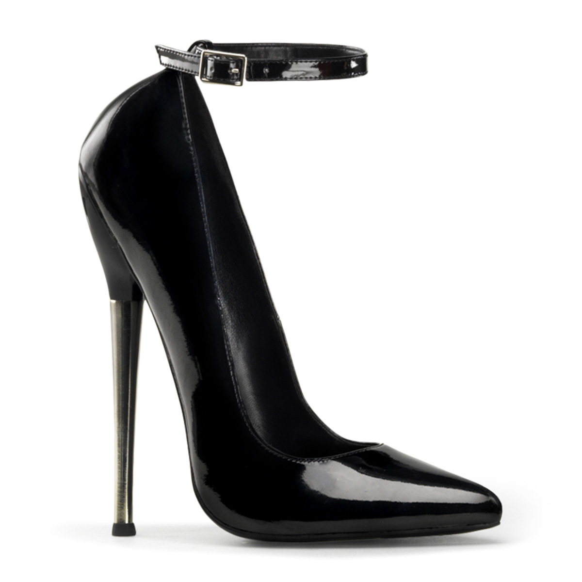 DEVIOUS DAGGER-12 6 1/4" Solid Brass Heel Ankle Strap Plain Pump Blk Pat