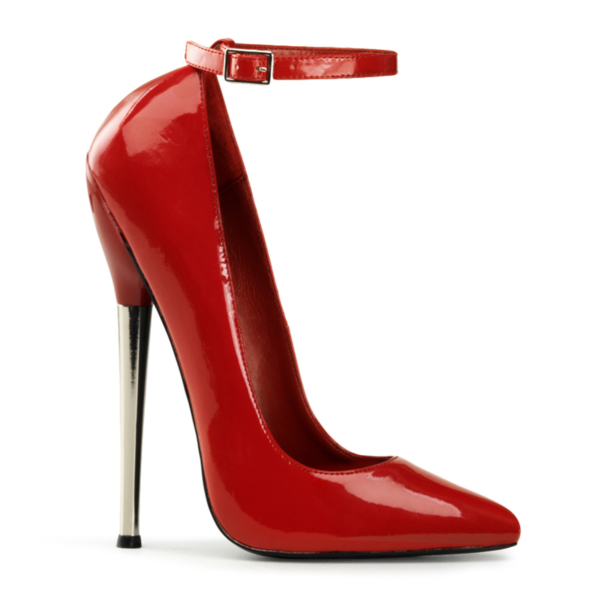 DEVIOUS DAGGER-12 6 1/4" Solid Brass Heel Ankle Strap Plain Pump Red Pat