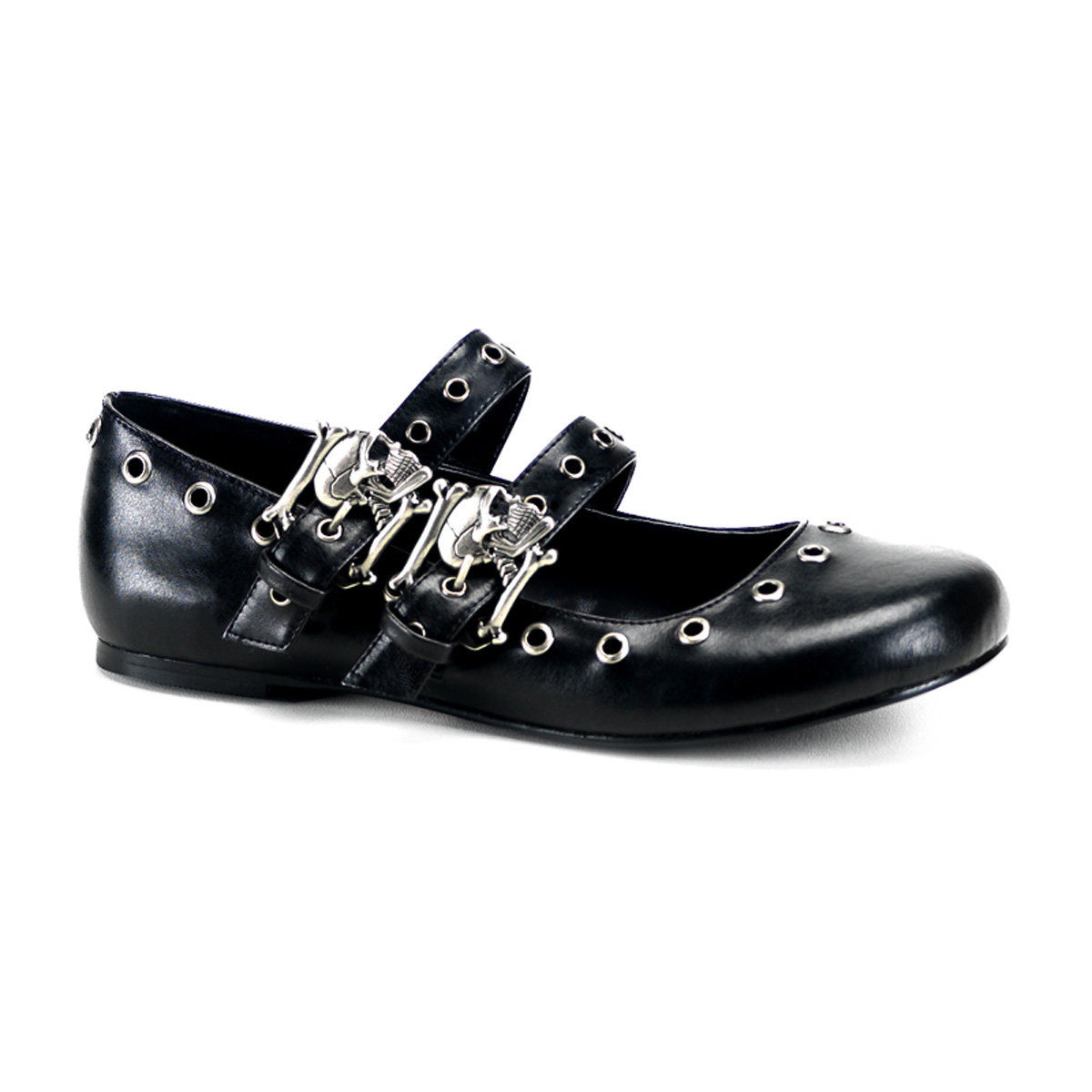 DEMONIA DAISY-03 Skull Buckle Flat With Eyelet Detailing Blk Pu