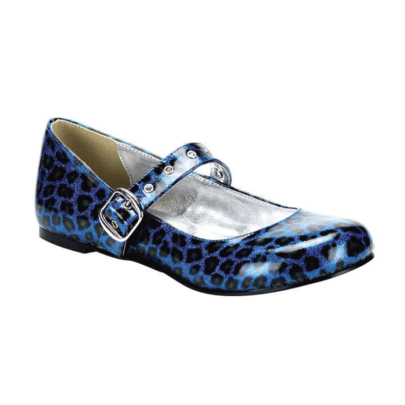 DEMONIA DAISY-04 Maryjane Cheetah Flat Blue Pearlized Gltr Pat