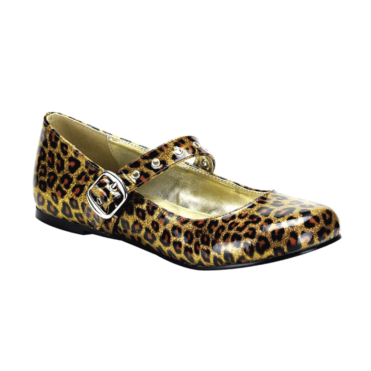 DEMONIA DAISY-04 Maryjane Cheetah Flat Gold Pearlized Gltr Pat