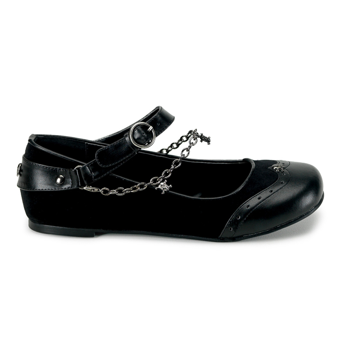 DEMONIA DAISY-07 Maryjane Wing Tip Flat With Skull Charm Chain Blk Pu-Velvet
