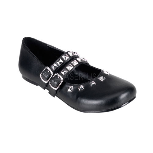DEMONIA DAISY-13 2 Buckle Strapped Studded M/J Blk Pu Fla Blk Pu