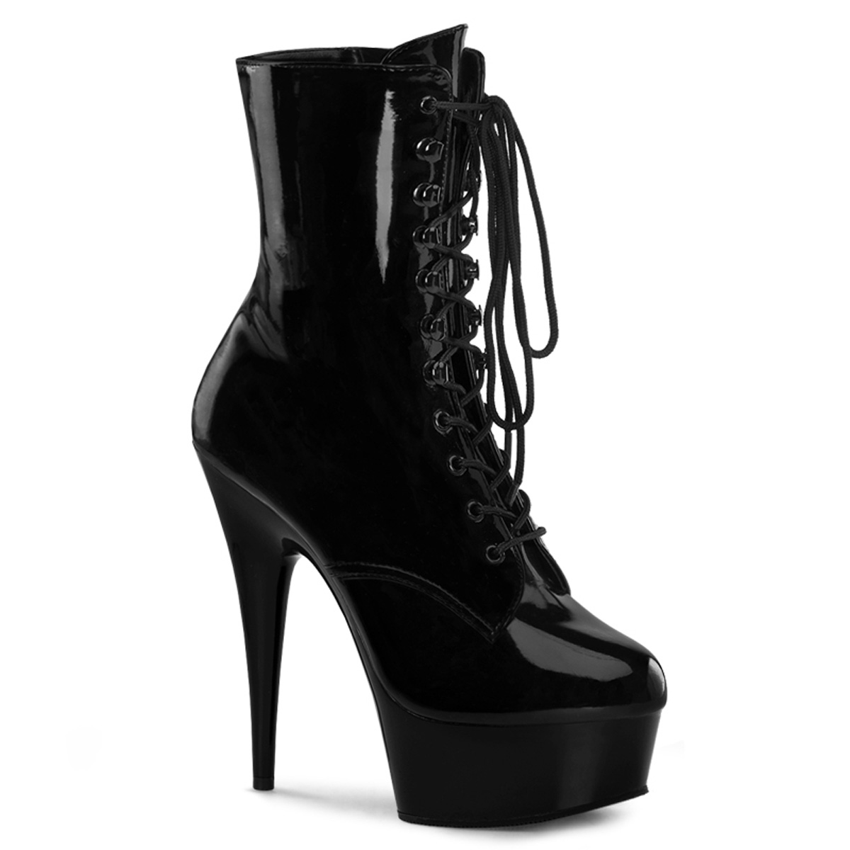 PLEASER DELIGHT-1020 6" Lace-Up PF Ankle Boot, Side Zip Blk Pat/Blk