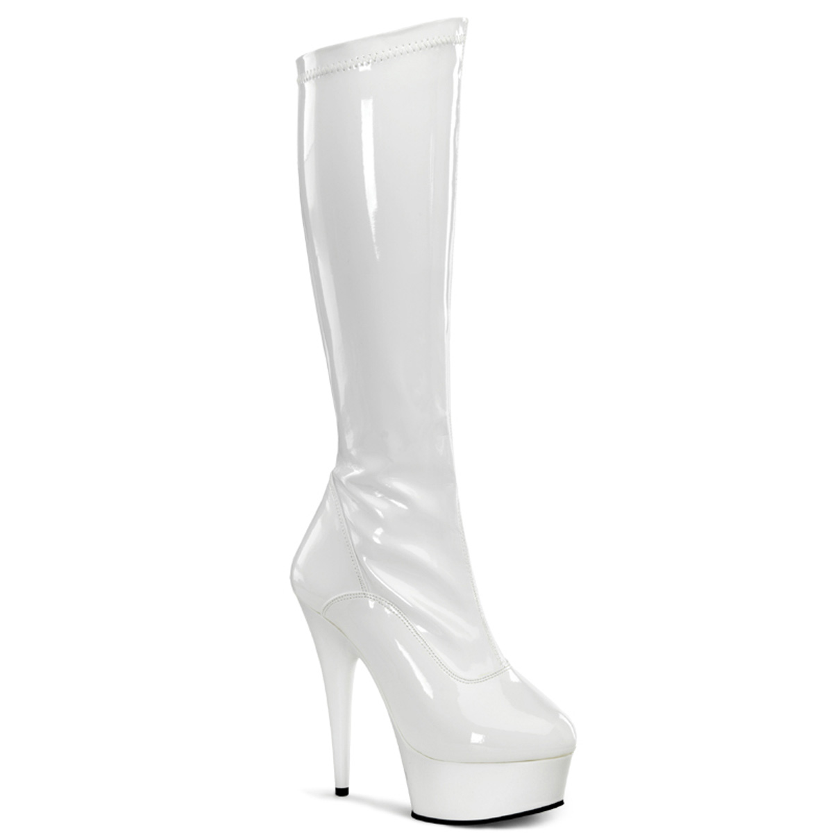 PLEASER DELIGHT-2000 6" Stretch PF Knee BT, Side Zip Wht Str Pat/Wht