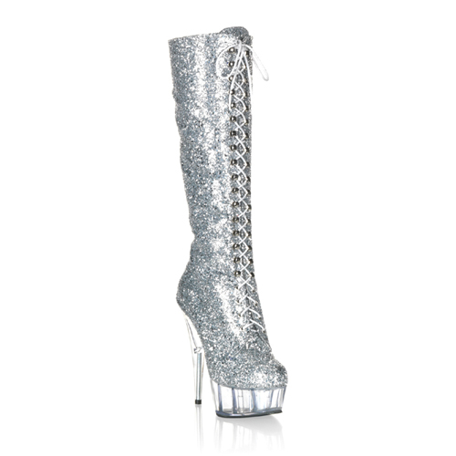 CLEARANCE DELIGHT-2020G *6" Stiletto Heel PF Knee Boot, Side Zip Slv Gltr/Clr