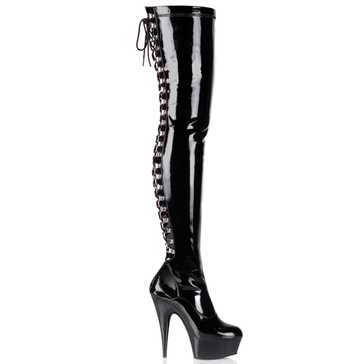 PLEASER DELIGHT-3063 6" Back Lace PF Thigh Boot, Side Zip Blk Str Pat/Blk