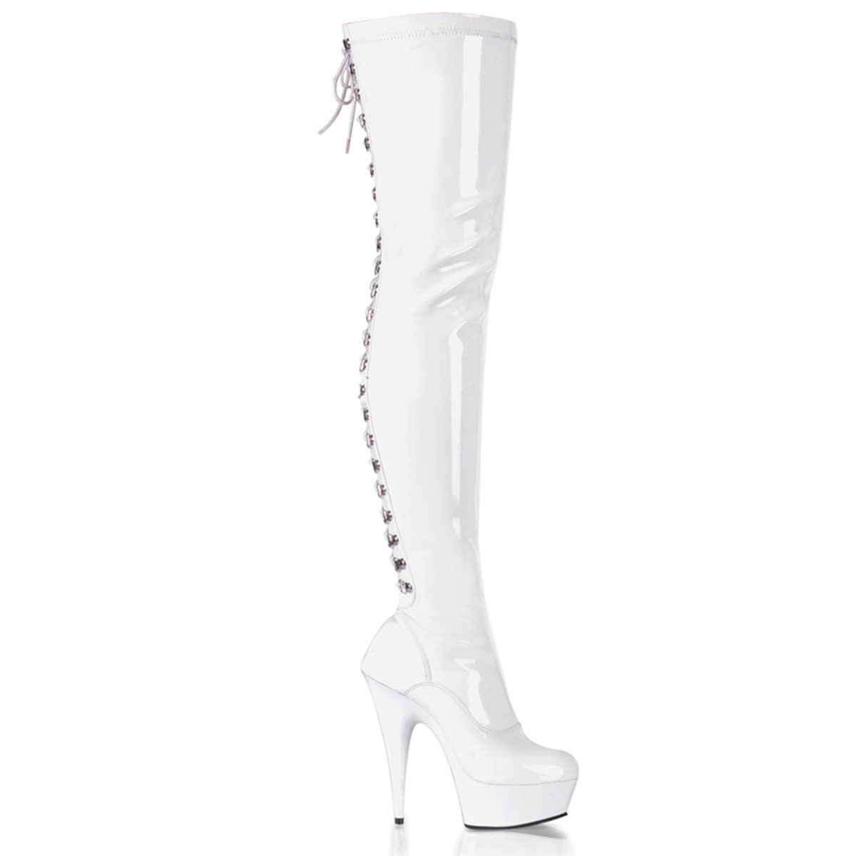 PLEASER DELIGHT-3063 6" Back Lace PF Thigh Boot, Side Zip Wht Str Pat/Wht