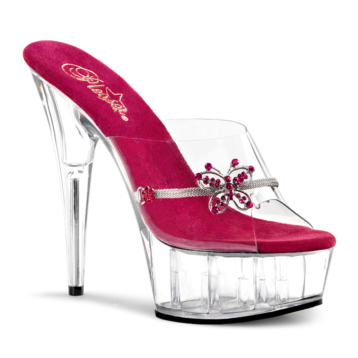PLEASER DELIGHT-601-10 6" Stiletto Heel PF Slide W/RS Butterfl Clr-Fuchsia/Clr