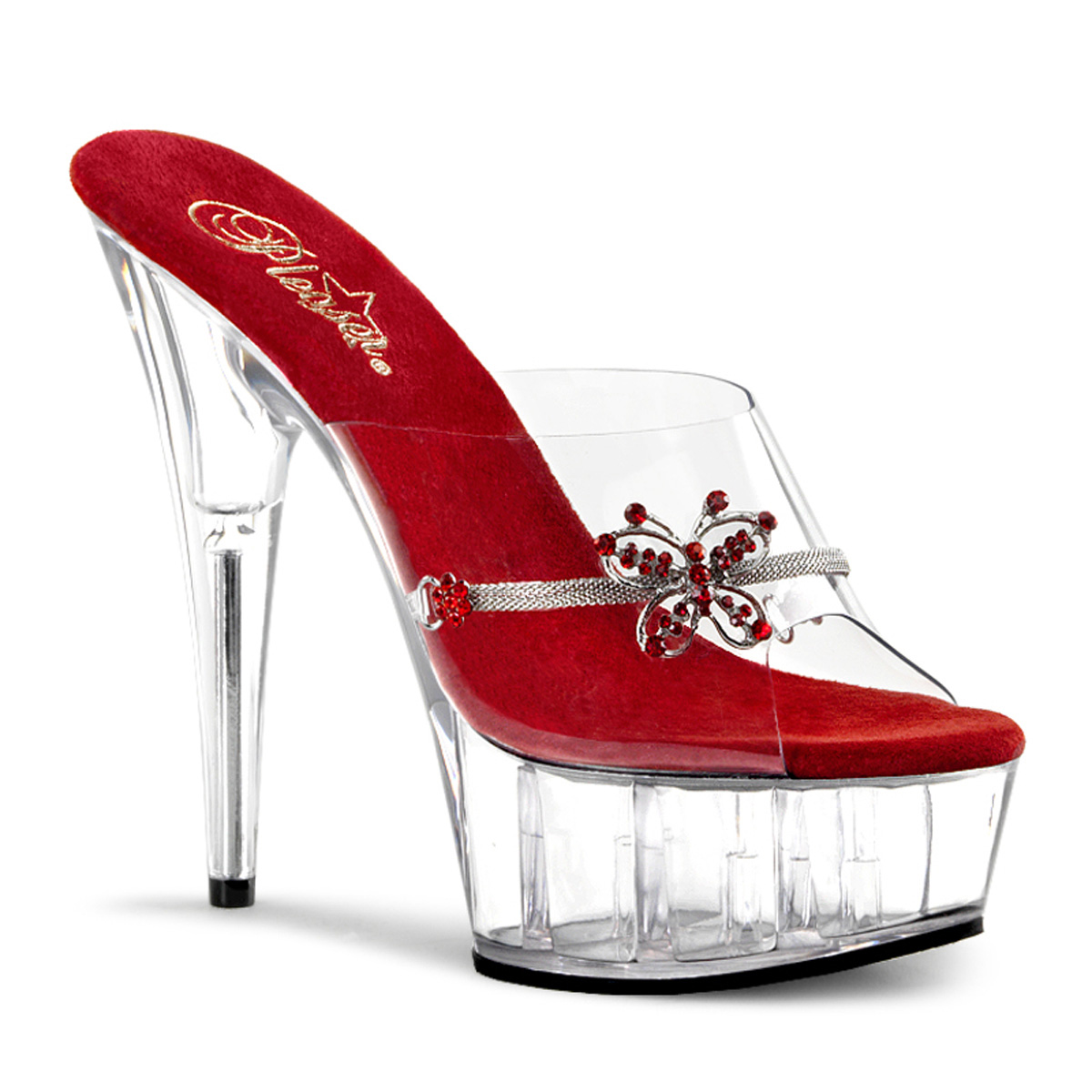 PLEASER DELIGHT-601-10 6" Stiletto Heel PF Slide W/RS Butterfl Clr-Red/Clr