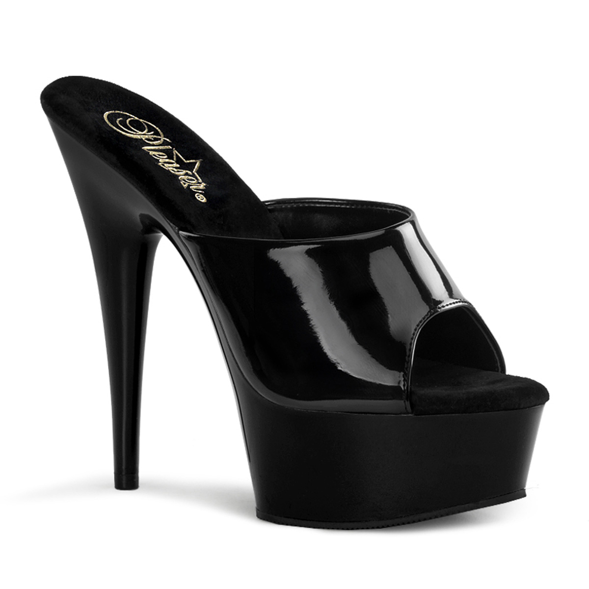 PLEASER DELIGHT-601 6" Stiletto Heel Platfrom Slide Blk Pat/Blk
