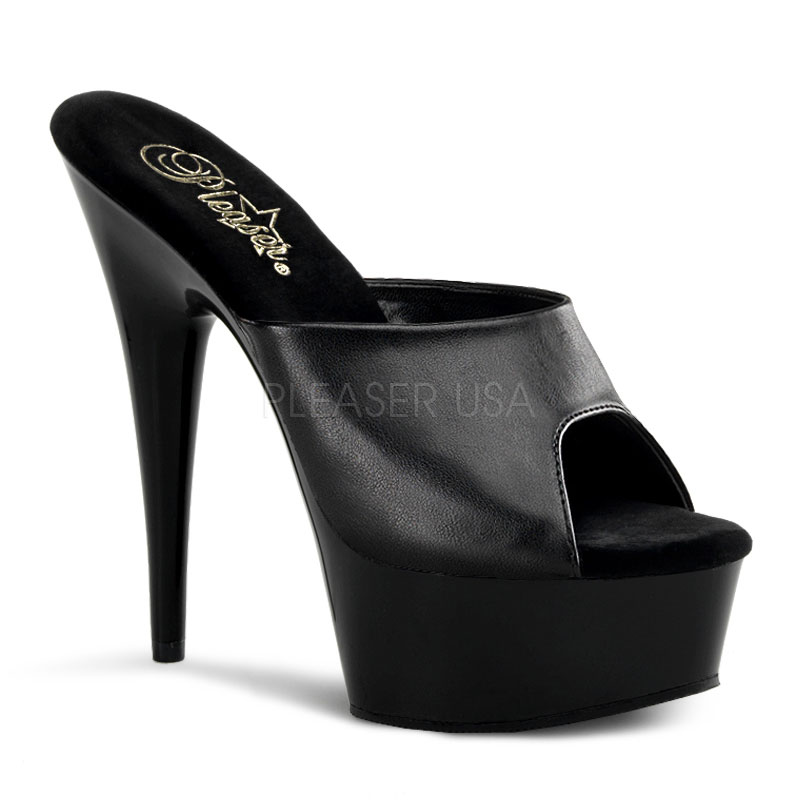 PLEASER DELIGHT-601 6" Stiletto Heel Platfrom Slide Blk Leather/Blk