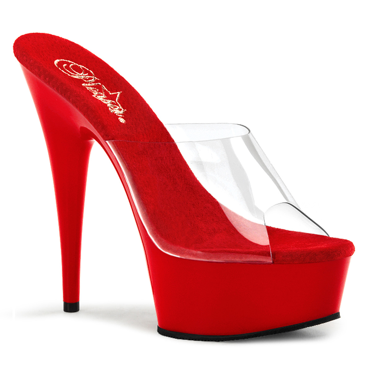 PLEASER DELIGHT-601 6" Stiletto Heel Platfrom Slide Clr/Red
