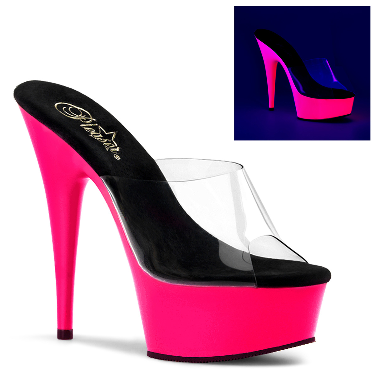 PLEASER DELIGHT-601UV 6" Stiletto Heel UV PF Slide Clr/Neon Pink