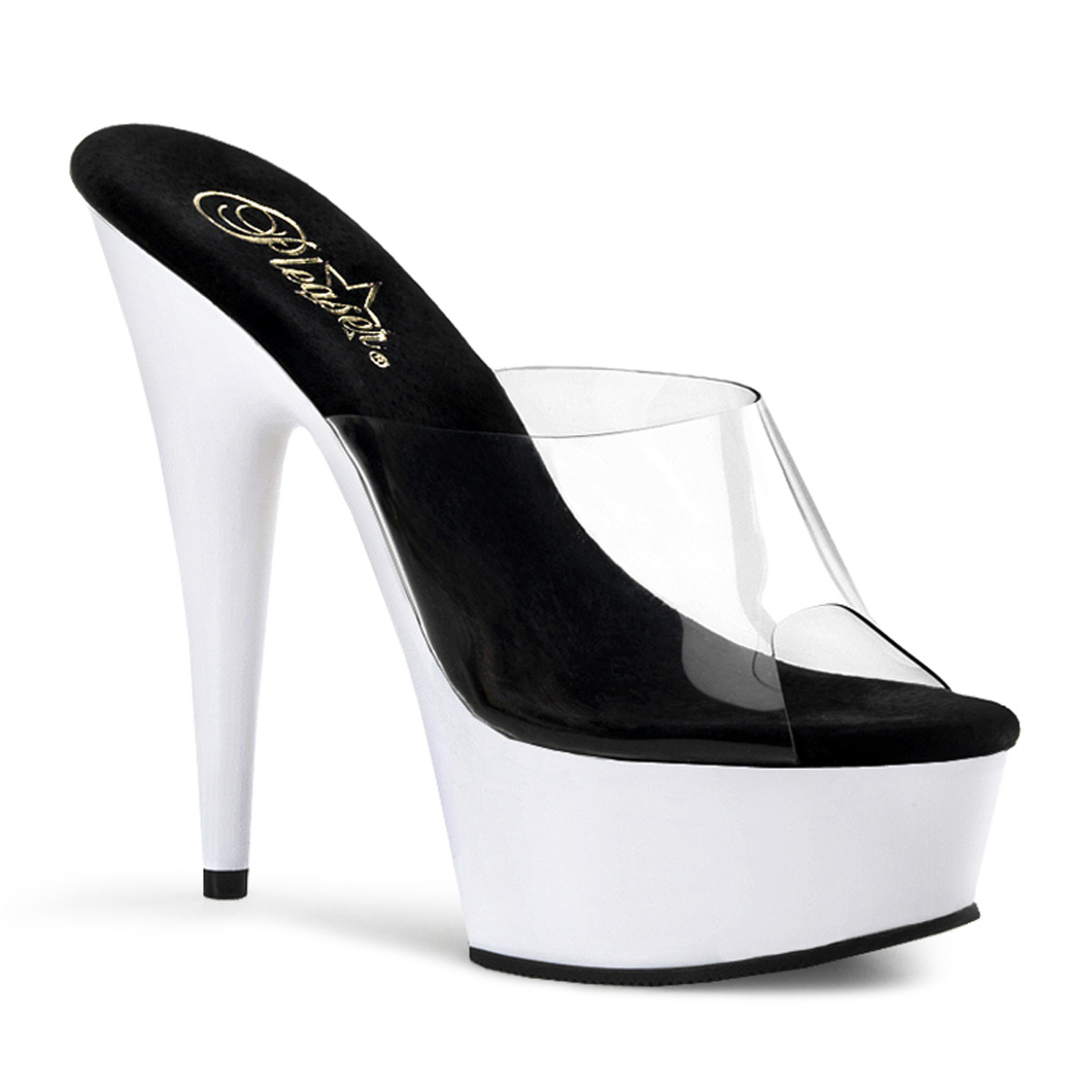 PLEASER DELIGHT-601UV 6" Stiletto Heel UV PF Slide Clr/Neon White