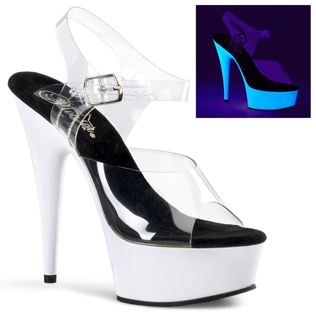 PLEASER DELIGHT-608UV 6" Stiletto Heel Ankle Strap UV PF Sanda Clr/Neon Wht