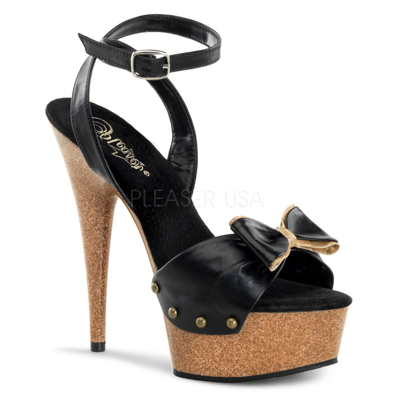 PLEASER DELIGHT-642W 6" Stiletto Heel Ankle Wrap PF Sandal W/ Blk Leather/Tan Faux Wood