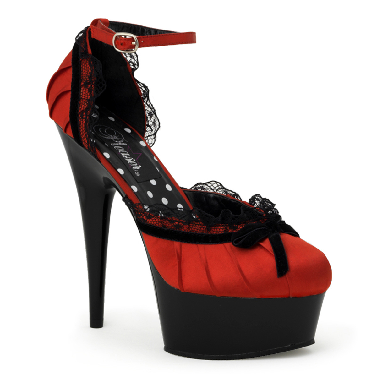 PLEASER DELIGHT-676 6" Stiletto Heel D'orsay Style PF Sandal Red Satin/Blk
