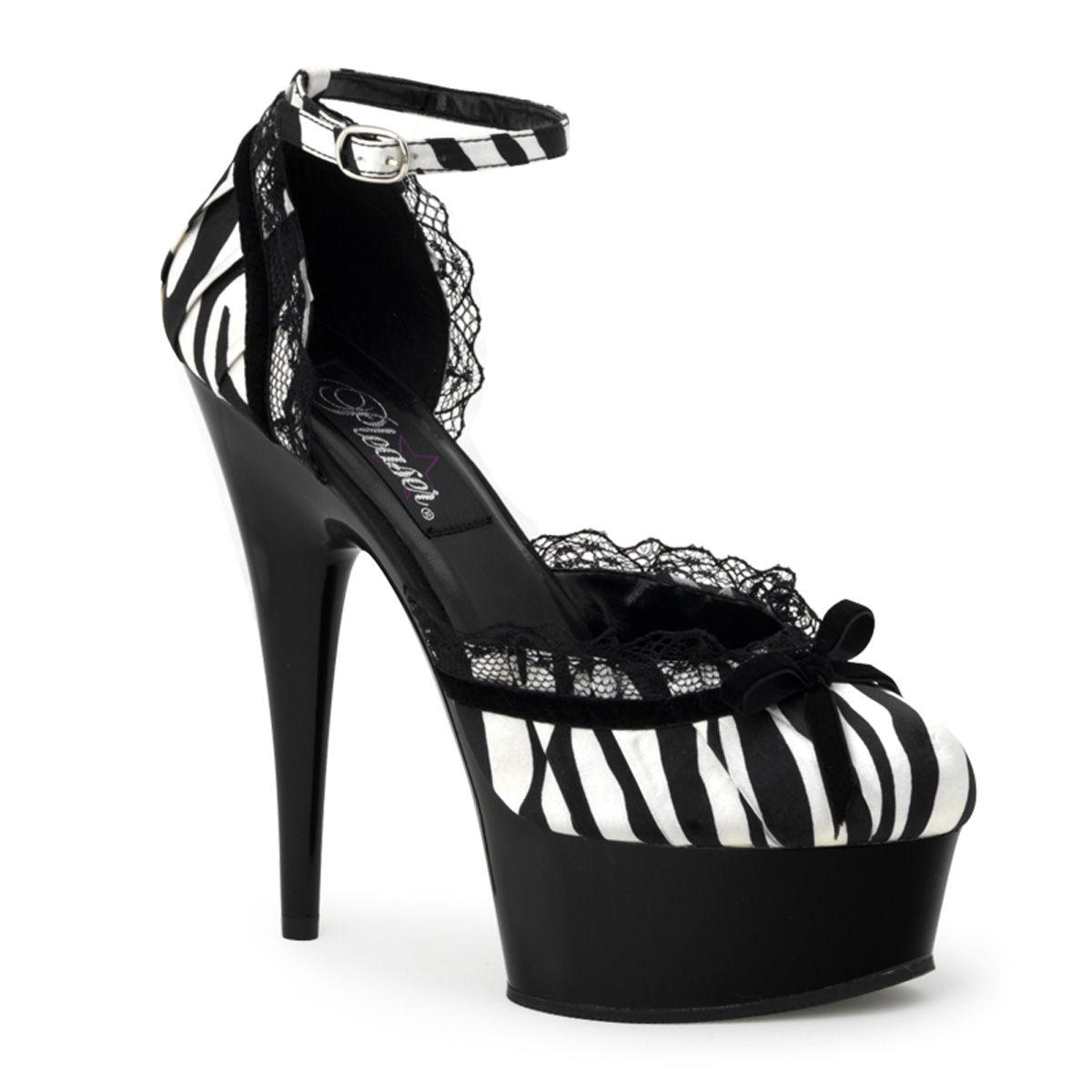 PLEASER DELIGHT-676AP 6" Stiletto Heel D'orsay Style PF Sandal Zebra Print Satin/Blk