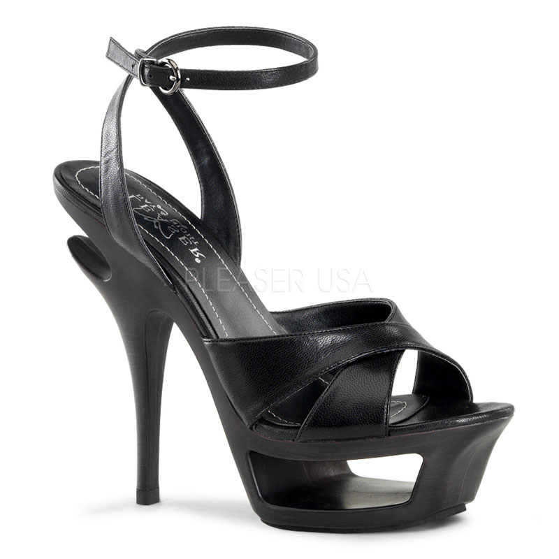 PLEASER Day & Night DELUXE-630 5 1/2" Heel, 1 3/4" Cut-Out PF Ankle Wrap Sandal Blk Leather