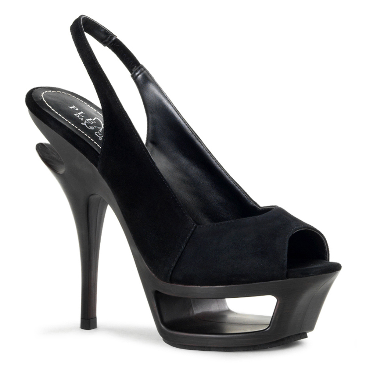 PLEASER Day & Night DELUXE-653 5 1/2" Heel, 1 3/4" Cut-Out PF Sling-Back Sandal Blk Suede