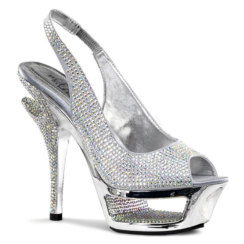 PLEASER Day & Night DELUXE-654RS 5 1/2" Heel, 1 3/4" Cut-Out PF Sling-Back Sandal Silver Satin