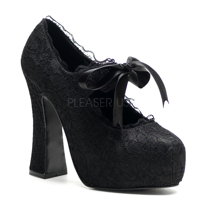DEMONIA DEMON-11 5" Heel Basic Lace P/F Pump W/Lace Overlay Blk Satin-Blk Lace