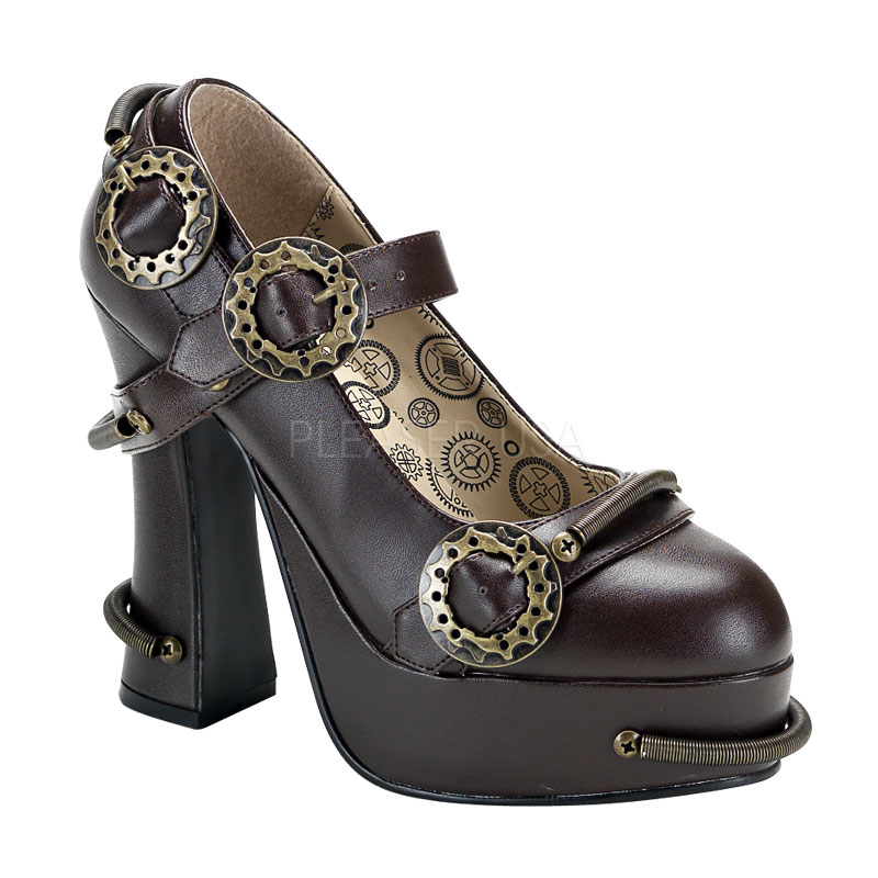 DEMONIA DEMON-29 Steampunk Maryjane W/ Concealed Platform Brown Pu