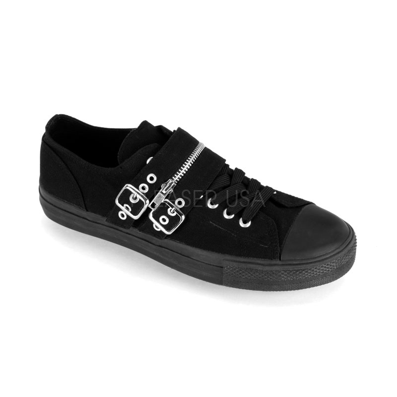 DEMONIA DEVIANT-03 Canvas Zipper Strap Low Top Sneaker Blk Canvas