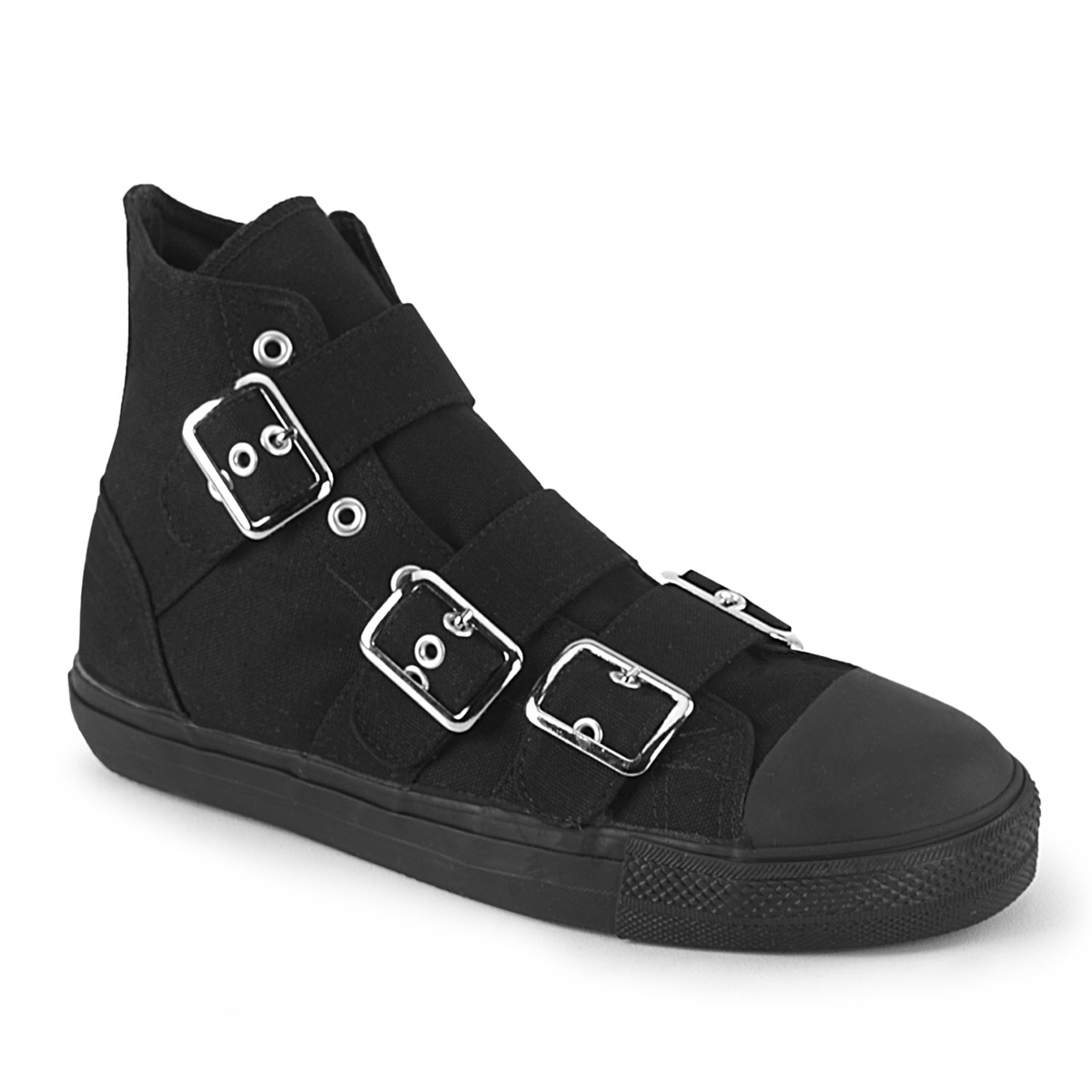 DEMONIA DEVIANT-109 Canvas 3 Buckle Strap High Top Sneaker Blk Canvas