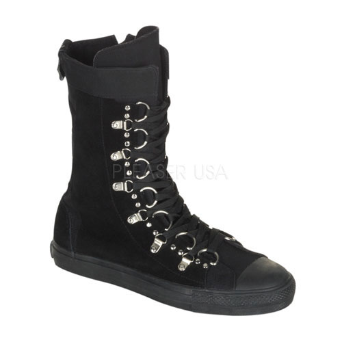 DEMONIA DEVIANT-205 Suede D-Ring Calf Sneaker Boot Blk Canvas-Suede