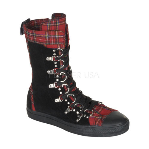DEMONIA DEVIANT-205 Suede/Plaid D-Ring Calf Sneaker Boot Red Plaid-Blk Suede