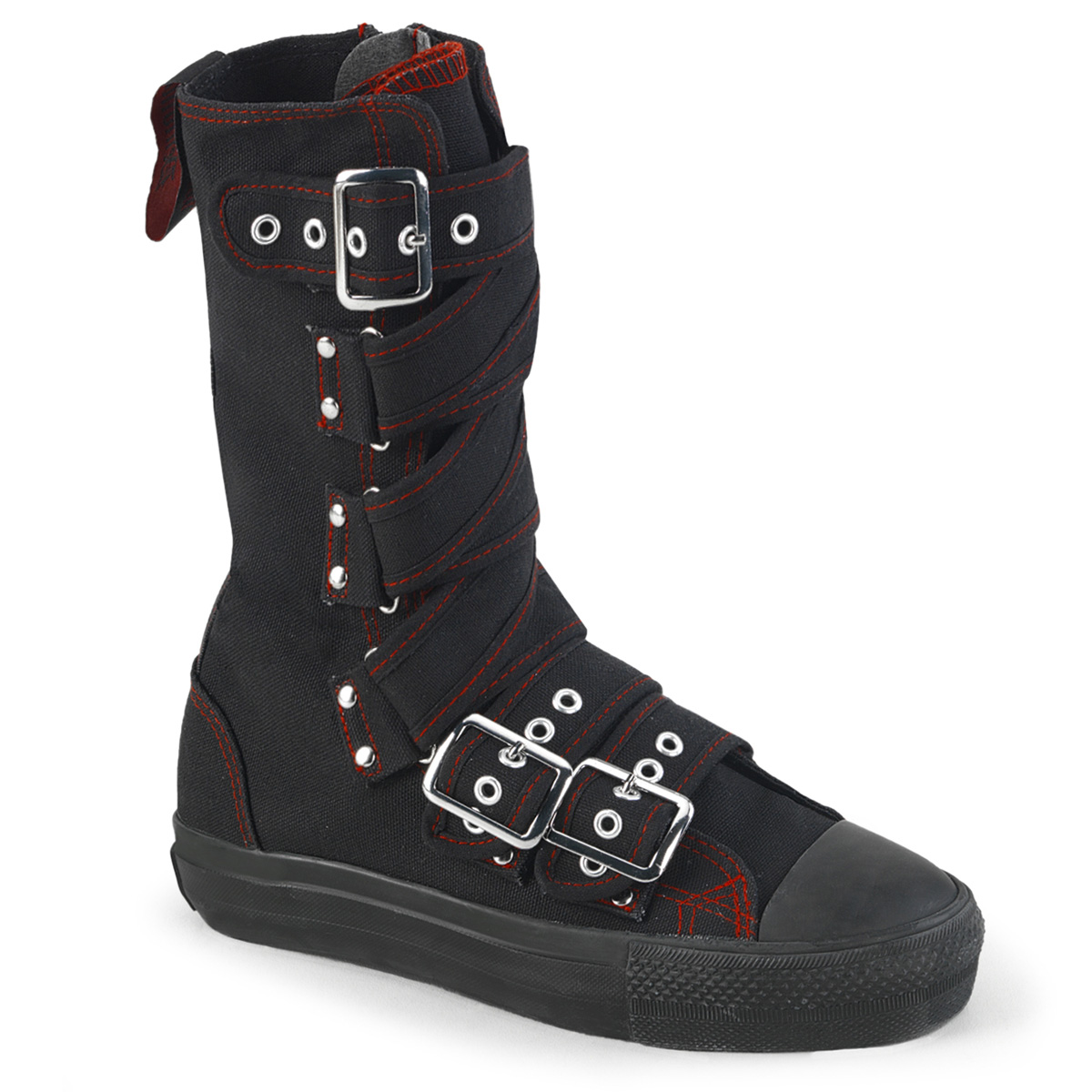 DEMONIA DEVIANT-207 Canvas Criss-Cross Strap Calf Sneaker Boot Blk Canvas-Red