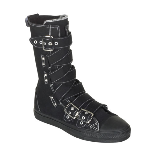 DEMONIA DEVIANT-207 Canvas Criss-Cross Strap Calf Sneaker Boot Blk Canvas-Wht