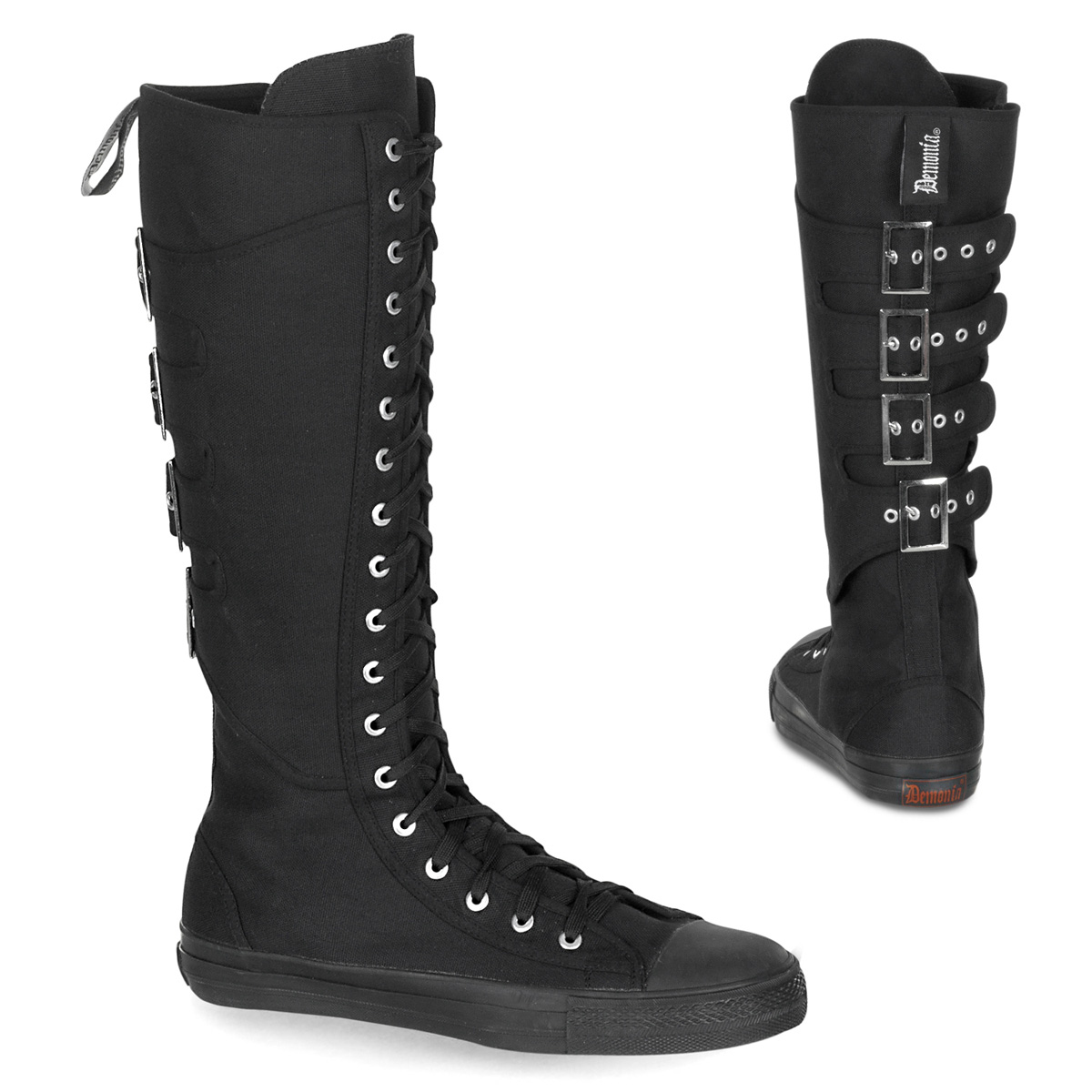DEMONIA DEVIANT-303 Canvas 4 Calf Buckle Knee Boot Sneaker Blk Canvas