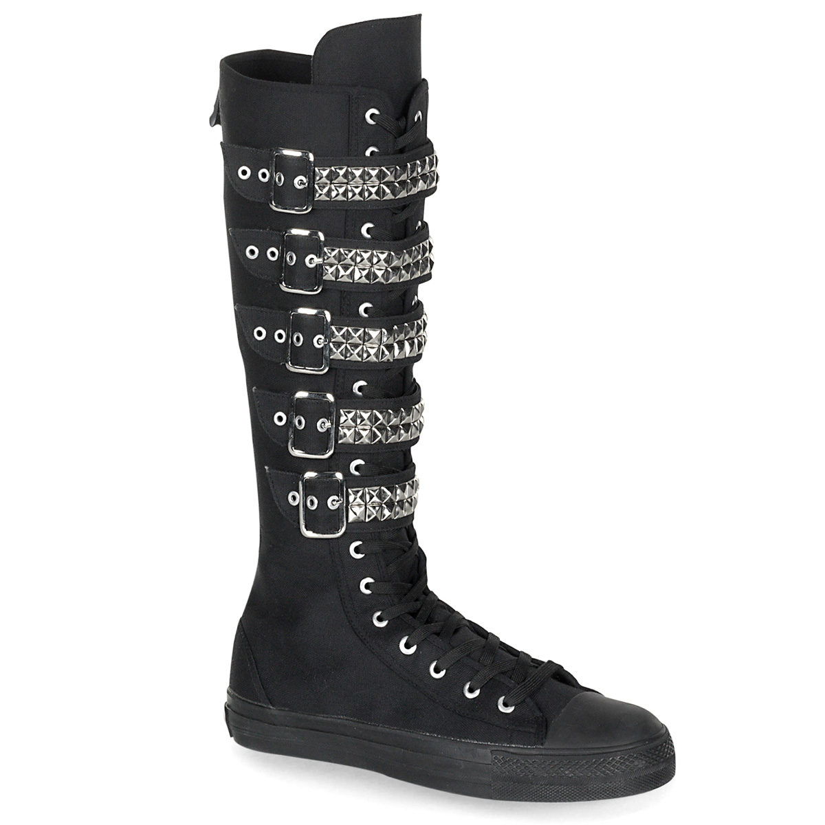 DEMONIA DEVIANT-304 Canvas 5 Buckle Strap Knee Boot Sneaker Blk Canvas