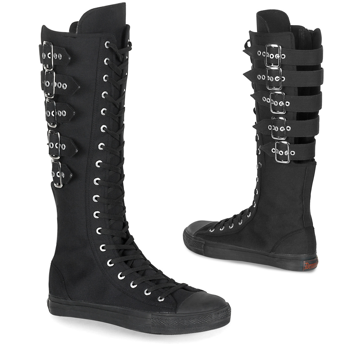 DEMONIA DEVIANT-310 Canvas 5 Calf Buckle Knee Boot Sneaker Blk Canvas