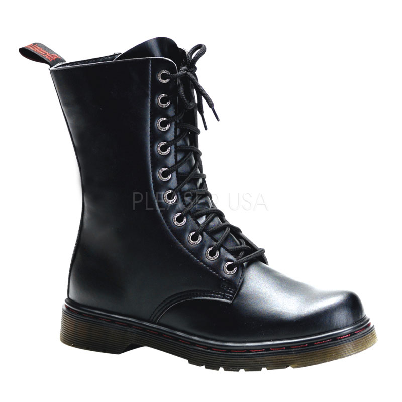 DEMONIA DISORDER-200 10 Eyelet Calf Combat BT W/ Inner Side Zipper Blk Pu