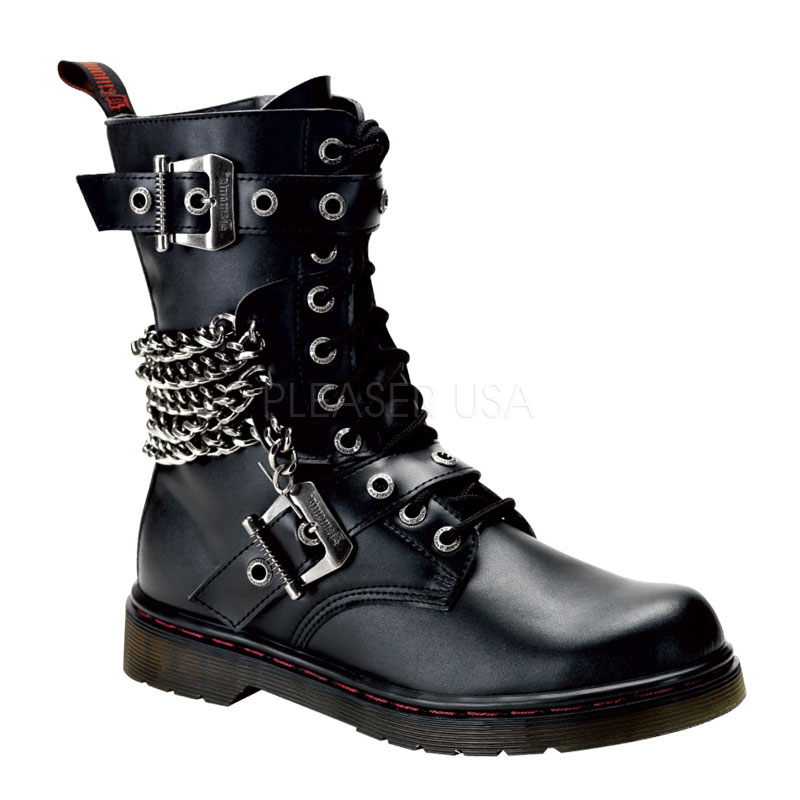DEMONIA DISORDER-204 10 Eyelet Calf Combat BT W/ Buckles-Chains Blk Pu