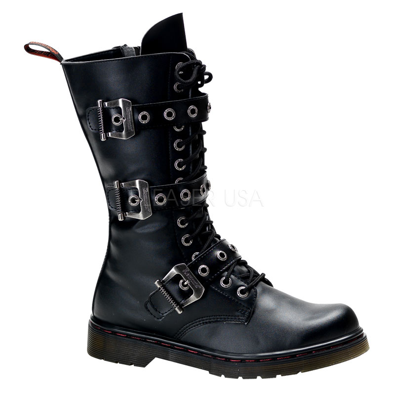 DEMONIA DISORDER-303 14 Eyelet 3 Buckle Calf Combat BT W/Size Zipper Blk Pu