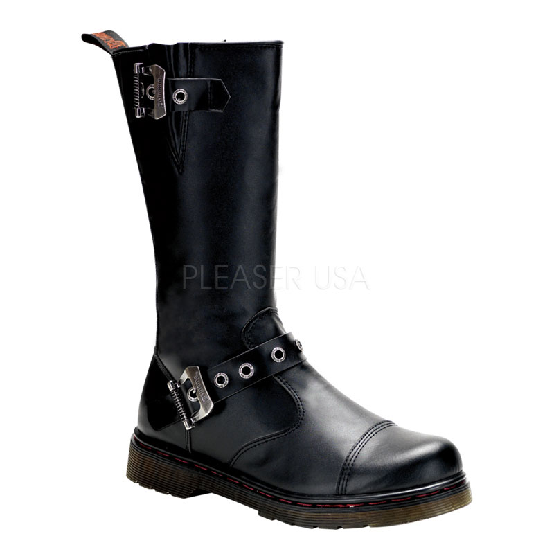 DEMONIA DISORDER-304 Motorcycle 2 Buckle Calf Combat BT W/ Zipper Blk Pu