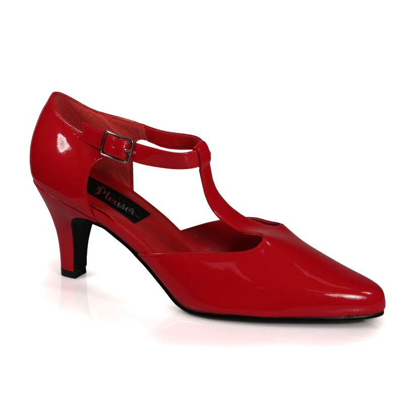 CLEARANCE DIVINE-415W *3" Block Heel D'orsay Style T-Strap Pump Red Patent